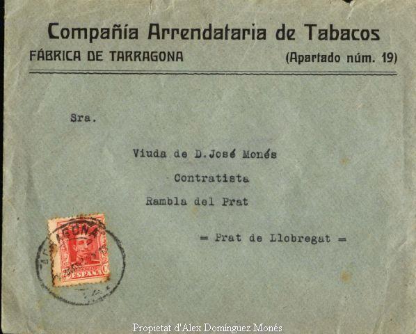 Sobre de la carta d'agraiment de la Compañia Arrendataria de Tabacos 1925